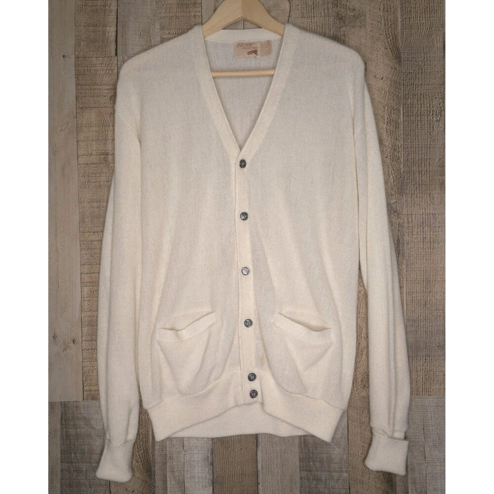 The Fox Collection Cardigan Sweater Medium Ivory Off White Grandpacore See Stain